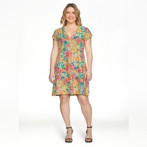 NWOT Time and Tru Yellow Colorful Floral Spring Summer Midi Dress Size Medium